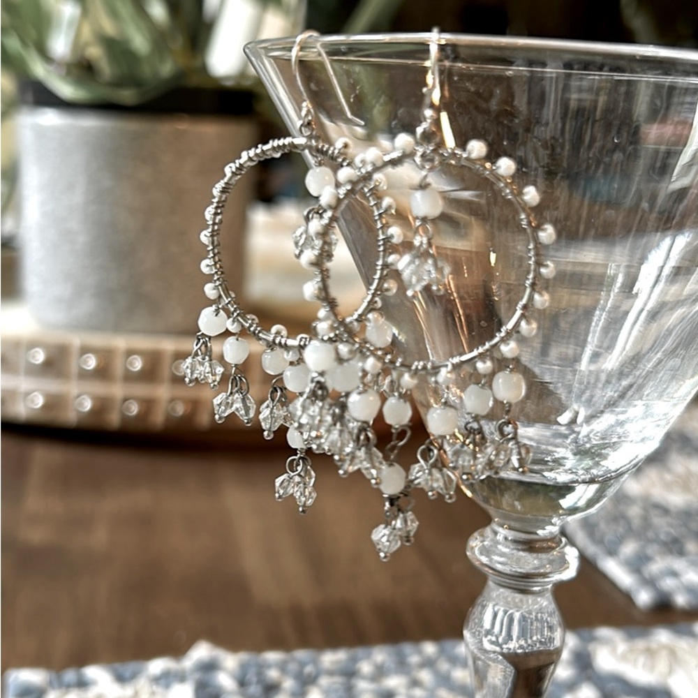 Natural white stone and glass beadwork dangle earrings